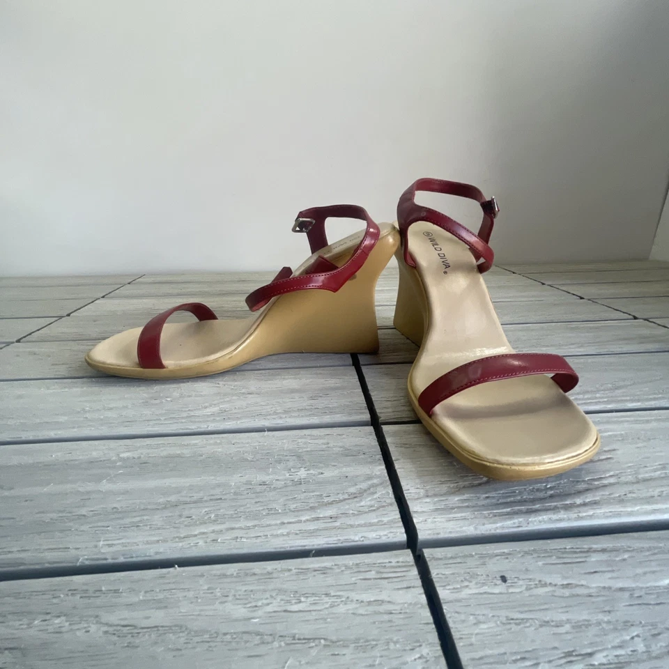 Vintage wild diva red leather slip on Wedge sandal size 9 - Image 1 of 4