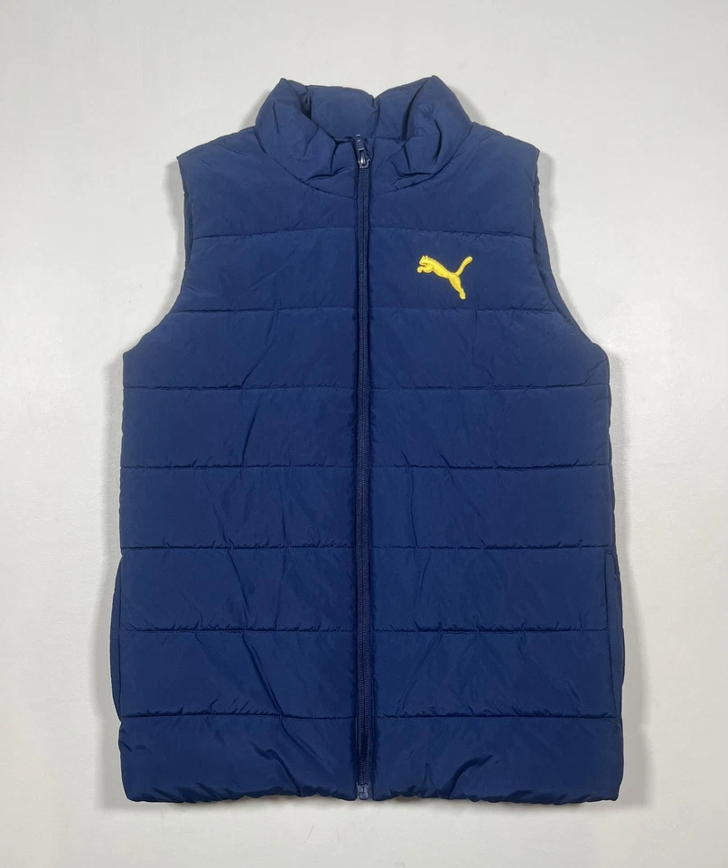 Chaleco Puma Puffer Juvenil Mediano 12 Azul Acolchado Cremallera Completa Ligero Amarillo Logo Foto 1 de 4
