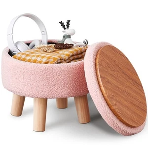 Moderne Aufbewahrung Ottomane Runde Fußstütze Teddy Samt Akzent Tisch Holzbeine - Bild 1 von 7