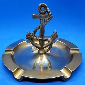 Vintage Nautical Solid Brass Fouled Anchor-Handled 5" x 3.5" Ashtray  1/2" Slots - Picture 1 of 10
