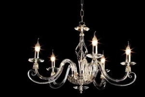 1306 LAMPADARIO SOSPENSIONE IN VETRO SOFFIATO E FINITURE ORO 5 LUCI - Foto 1 di 1
