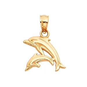 14K Solid Yellow Gold Dolphin Mother Baby Pendant - Fish Polished Necklace Charm - Picture 1 of 1