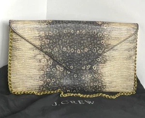 J Crew Clutch Envelope Shoulder Bag Animal Print Black Faux Leather Gold Chain - Picture 1 of 9