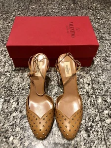 VALENTINO Brown Leather Rockstud Studded Chain Ankle Strap Heels - Picture 1 of 9