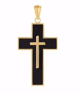 1 3/8" Onyx Enamel Cross Pendant Charm Real 14K Yellow Gold - Picture 1 of 2
