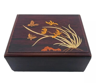 Natural Wood Jewelry Box Butterfly and Iris Inlay Dark Wood Trinket Lidded 4.5” - Image 1 of 4