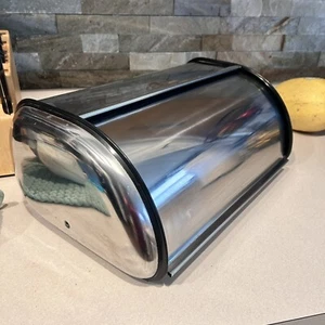 Polished Vintage Mid Century Stainless Steel Chrome Roll Top Bread box 17 x 7" - Picture 1 of 9