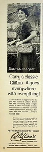 Bolsos Clifton's 1955 hechos a mano anuncios impresos vintage felicitaciones moda para mujer - Imagen 1 de 1