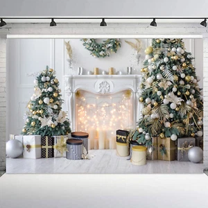 10x8ft Winter White Fireplace Green Christmas Tree Photo Background Studio Props - Picture 1 of 10