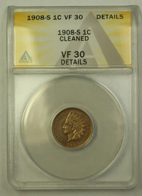 1908-S Indian Head Cent ANACS VF-30 Details Cleaned  (23c) - Image 1 of 2