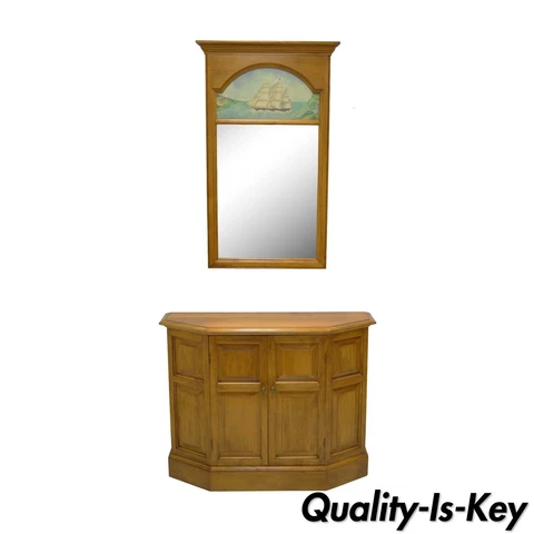Conant Ball Maple Wood Hall Console Table Cabinet and Wall Mirror Clipper Ship Cover