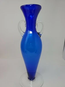 Art Glass Hand Blown Cobalt Blue Vase With Applied Clear Handles Pontil Mark - Picture 1 of 11