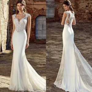 Vestidos de novia simples de sirena con cuello en V sin mangas apliques de satén vestidos de novia - Imagen 1 de 12