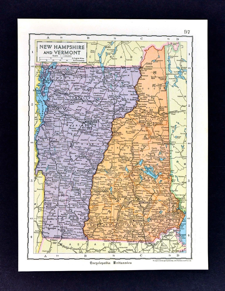 c 1925 Encyclopedia Britannica Map - New Hampshire & Vermont  Concord Montpelier - Image 1 of 1
