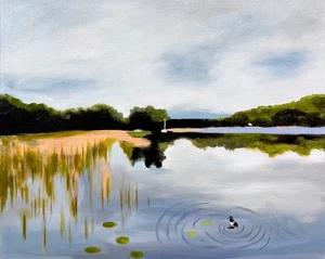 Lake Side Field oil painting On Canvas realistic Landscape Trees Duck Art Signed - Picture 1 of 3