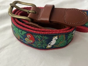 Leather Man Ltd Belt Mens 36 Motif Toucan Bird Jungle Embroidered Red Web Cotton - Picture 1 of 9