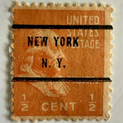 1938 1/2 Cent USPS/Postage Stamp/Benjamin Franklin/Precancel/NYC/#803/Used/229 - Image 1 of 2