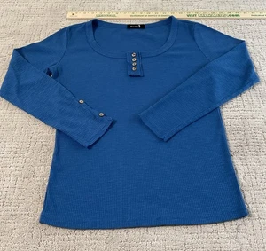 Top donna Kissfix blu medio a costine rayon/sandex manica lunga collo Henley. Usato in ottime condizioni - Foto 1 di 12