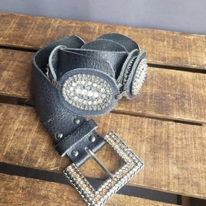 Cinturón Vaquera River Island Vintage Cuero Negro Diamantado Estrás Choncos Y2k - Imagen 1 de 7