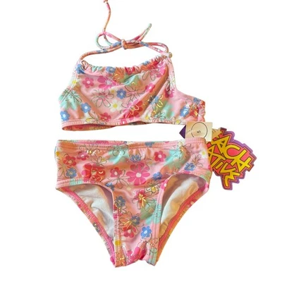 Beach Native Girls Pink Silver Floral Print Bikini Size 5 - Image 1 of 2