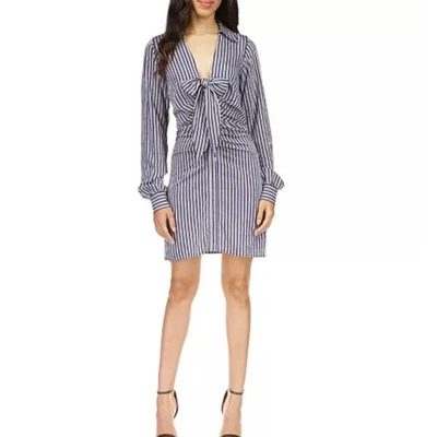 Michael Kors Navy Stripe Tie Front Long Sleeve V-Neck Mini Shirt Dress 4/SM NWT - Image 1 of 4