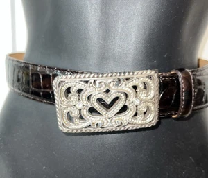 Brighton Black Croc Belt Ladies Med 30" Rhinestone Heart Buckle B10565 - Picture 1 of 6