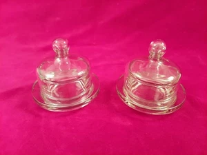 2 Vintage Clear Glass With Domed Lid & Round Base Butter Cheese Mini Dish Plates - Picture 1 of 7