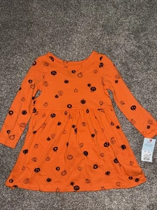 NWT Girls Cat & Jack Orange Long Sleeve Halloween Pumpkin Dress Size 3T - Picture 1 of 2