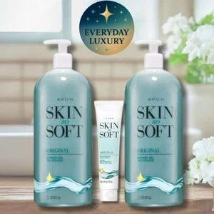 DOS (2) Gel de Ducha Avon Skin So Soft Tamaño Extra 33.8oz + Juego de Trío de Crema de Manos - Imagen 1 de 5
