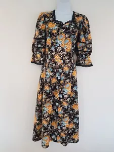 Vintage Dress Floral Midi Size 12 Dirndl C&A Retro Button Front Orange Black Blu - Picture 1 of 15