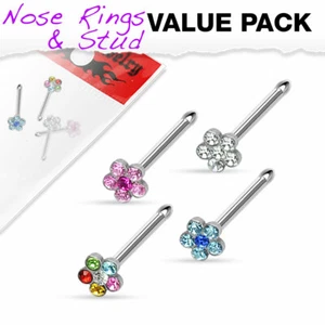 4 Pc Pack Of Multi Gem Flower CZ Nose Studs Ring Surgical Steel 20G 6mm - Picture 1 of 2