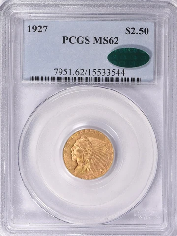 1927 $2.50 Indian Head Gold Quarter Eagle PCGS MS 62 CAC Approved Cover