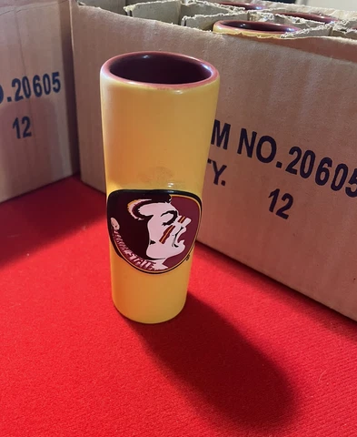 CASE OF 12 FLORIDA STATE UNIVERSITY SEMINOLES TALL SHOT GLASSES-NEW 4ozCERAMIC Cover