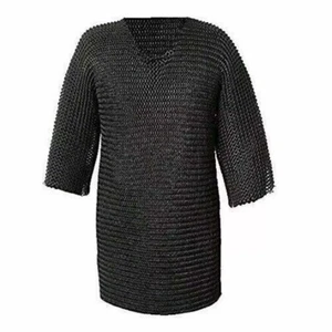 Medieval Chainmail Shirt Half Sleeve Mild Steel Flat Riveted Ring Hauberk Armor - Picture 1 of 2