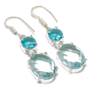 Aquamarine Blue Topaz Gemstone Silver Plated Dangle Earrings Jewelry 2" - Picture 1 of 1