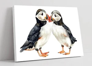 WATERCOLOUR PAINTING OF PUFFIN COUPLE -DEEP FRAMED CANVAS WALL ART PICTURE PRINT - Picture 1 of 2