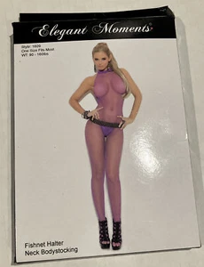 Elegant Moments Halter High Neck Fishnet Bodystocking EM-1609 Purple NEW - Picture 1 of 2