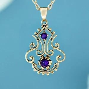 9K Gold Natural Amethyst Vintage Victorian Style Filigree Pendant - Picture 1 of 6