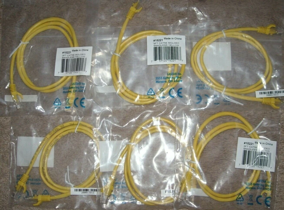 LASTAR INC #15221 3FT CAT5E MOLDED YELLOW SNAGLESS CABLE - SET OF 6 - NEW! - Image 1 of 1