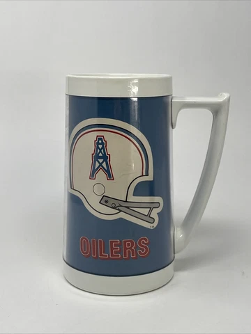 Vintage HOUSTON OILERS 1976 Thermo Serv NFL Beer Coffee mug cup 16 oz Cover