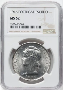 PORTUGAL 1916 - 1 Escudo - NGC MS62 - GREAT LUSTER! - Picture 1 of 2