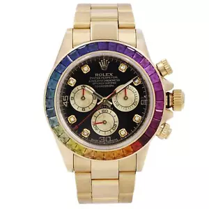 Rolex Daytona 18k Yellow Gold Rainbow Custom Bezel Black Dial Mens Watch 116528 - Picture 1 of 5