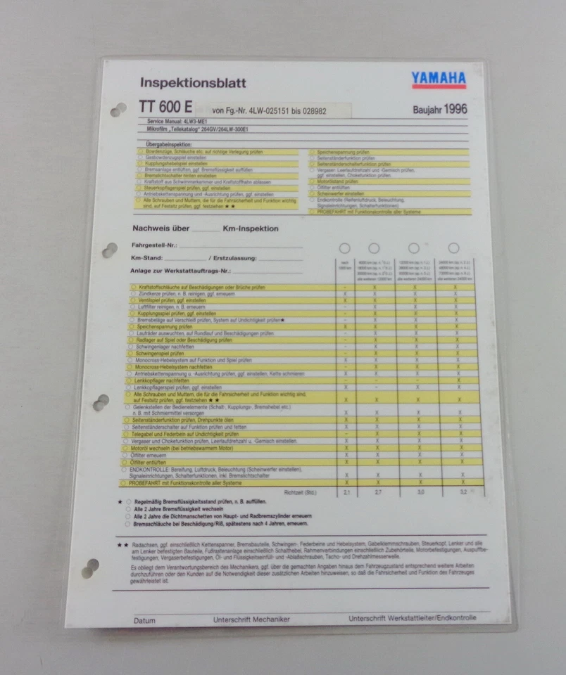 Inspektionsblatt Yamaha Tt 600 E Tipo 4LW Año 1996 - Imagen 1 de 1