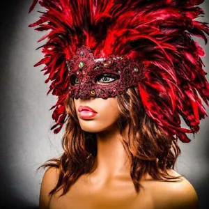 Red Venetian Carnival Masquerade Top Feather Sexy Eye Mask Mardi Gras For Women - Picture 1 of 7