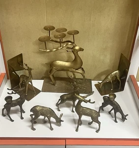 Vintage Messing Konvolut Hirschbock Reh Figuren Weihnachten Kerzenhalter Buchstützen - Bild 1 von 23
