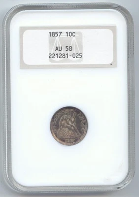 1857 Seated Liberty Dime, Old NGC Slab, AU-58 - Image 1 of 2