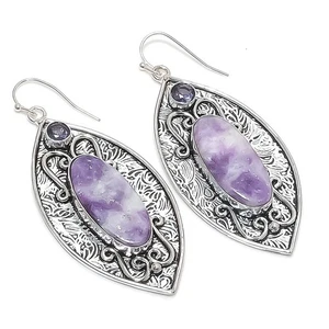 Orecchino gioiello in argento sterling 925 con pietra preziosa ametista lepidolite 2,56" - Foto 1 di 5