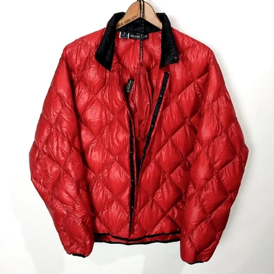 Vtg Mont-Bell Quilted Goose Down Pack Jacket Red Wine Full-zip & Pouch Men's Med - Image 1 of 4