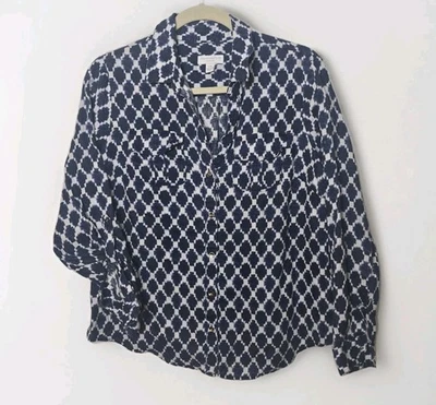 Charter Club Petite PM Lino Azul Blanco Abotonado Geométrico  Foto 1 de 4