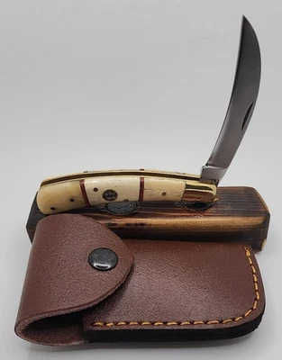 Stag Handle Folding Hunting Knife w/ Leather Sheath – 7.5” Rare Collector’s  B43 - Image 1 of 4